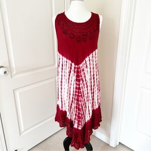 Tie-Dye Red White Dress OS Assymetrical Hem Boho Cover Up Beach Resort Wear